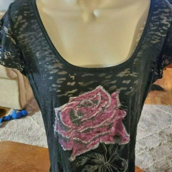 BONGO Black Sheer Mesh Stretch Blouse/Halter Rose - Picture 1 of 7